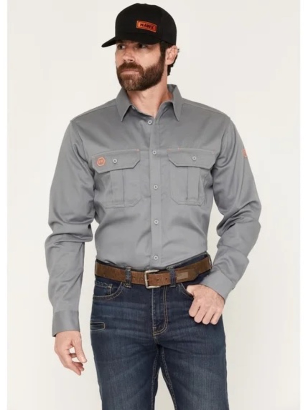 Hawx Men's Flame Resistant Woven Long Sleeve Button-Down Work Shirt in Silver